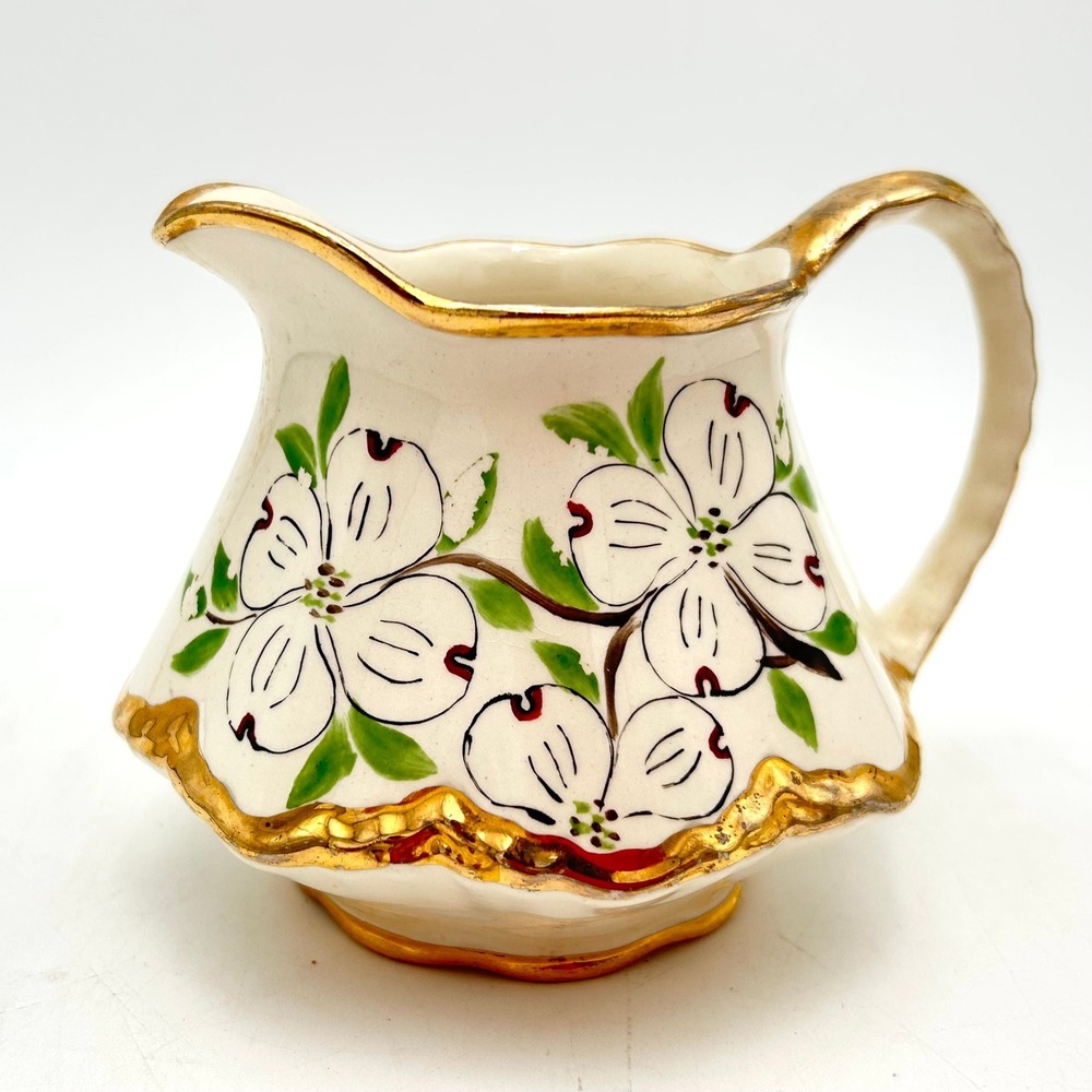 Vintage Kurzius Purinton Pottery Dogwood Creamer Pitcher Gold Trim Made in USA